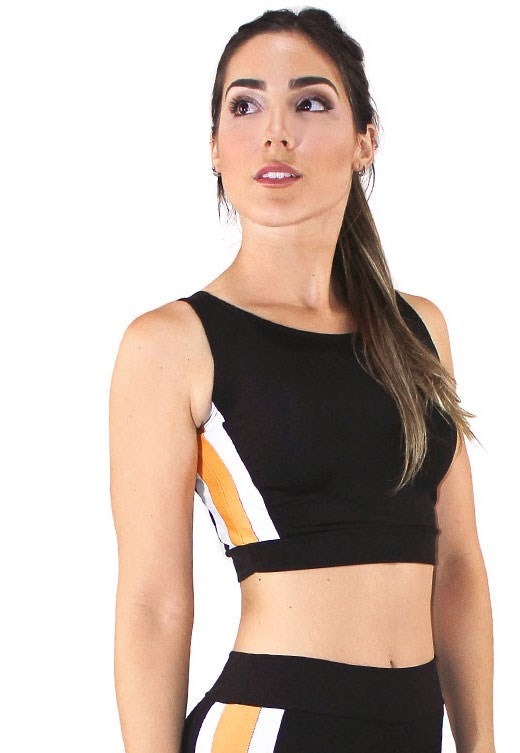 Cropped Top Fitness Preto Detalhe Amarelo e Branco