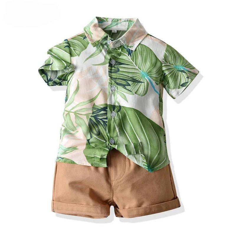 Roupa verão elegante social infantil. Bermuda cáqui e Camisa social. Estampas de verão.