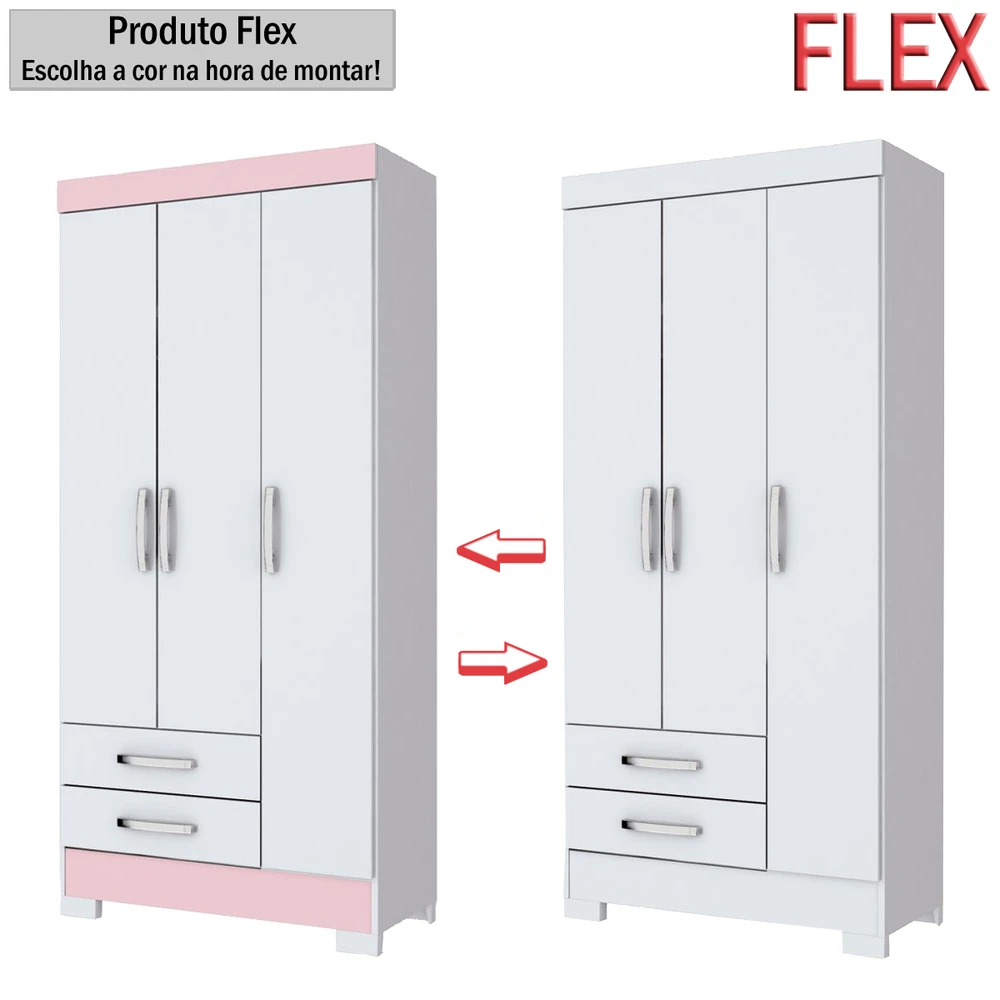 Guarda Roupa Solteiro 3 Portas 2 Gavetas Branco / Rosa Chá - Briz