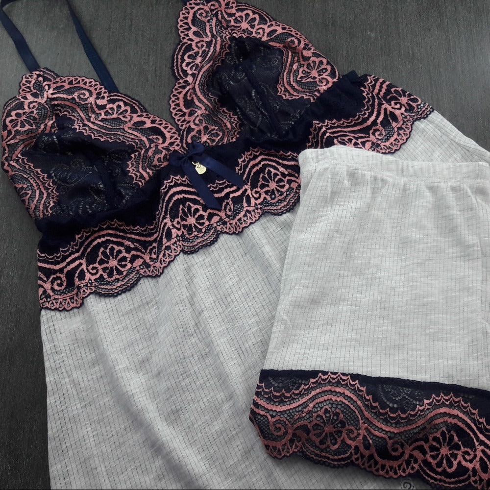 Baby Doll Canelado Renda Bicolor - C9141