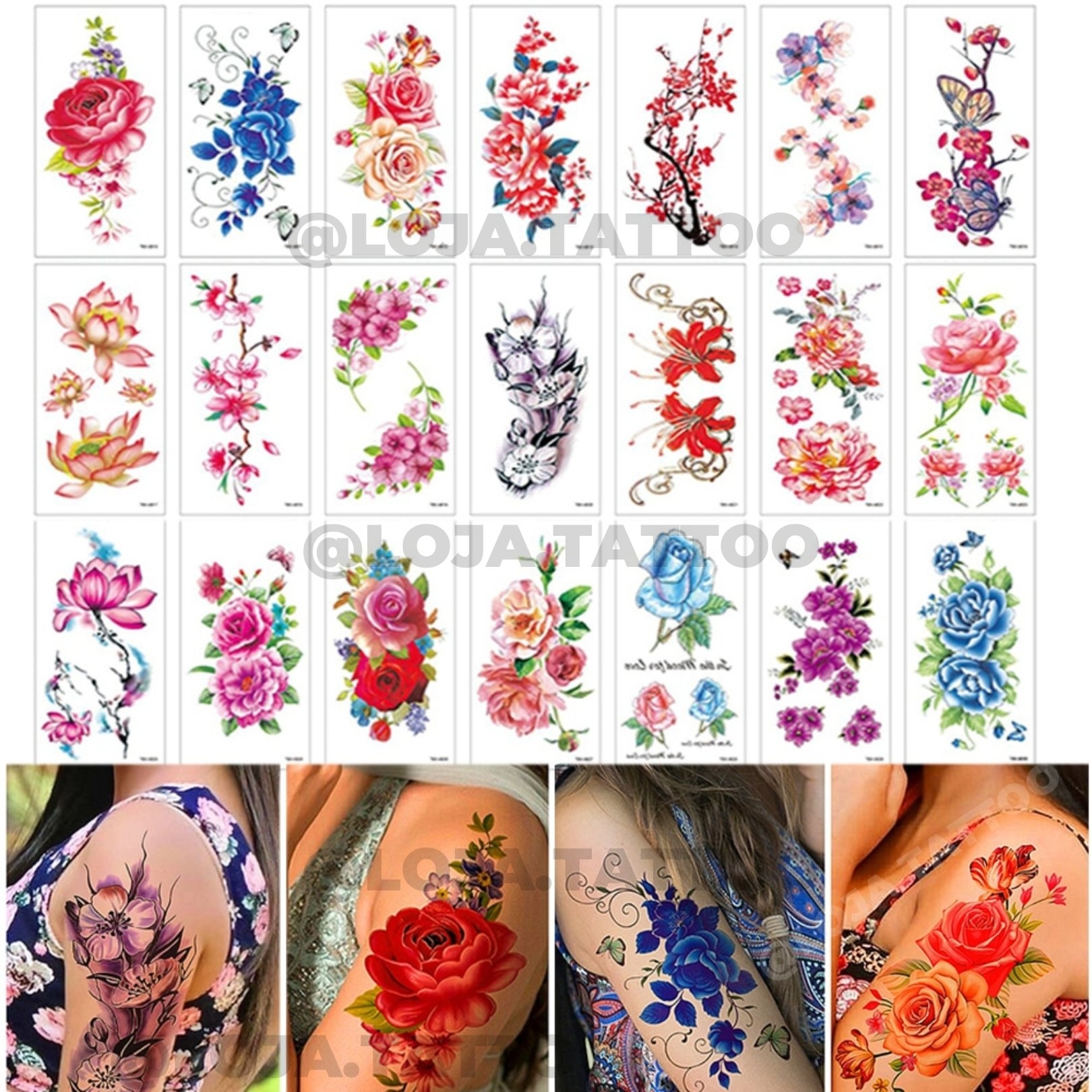 Kit 28 Tattoos Flores Cores