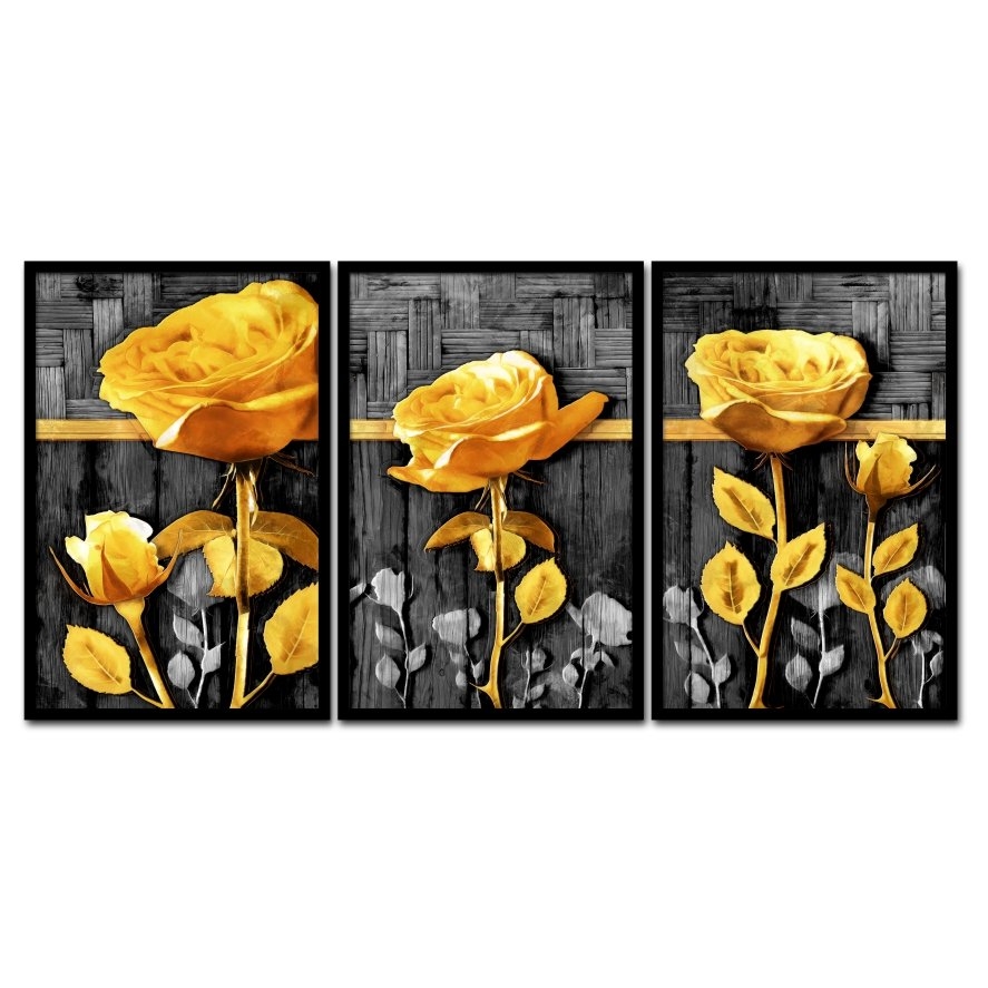 Quadro Decorativo Rosa Dourada Fundo Preto e Branco