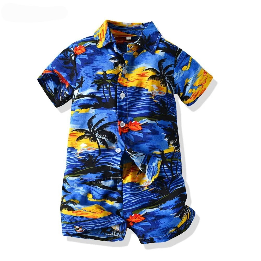 Roupa verão elegante social infantil. Bermuda, Camisa social. Conjunto Azul. Estampas de verão.