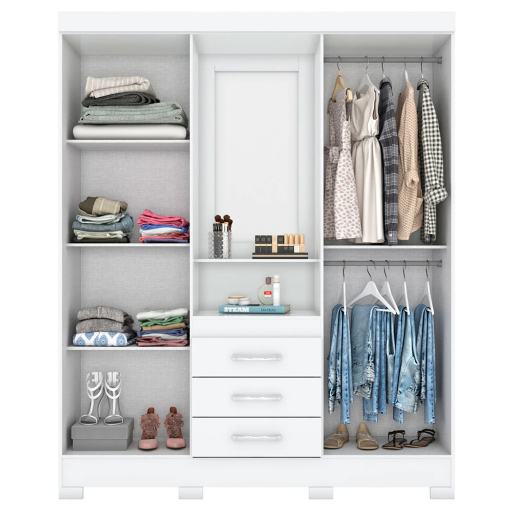 Guarda Roupa Solteiro Nápole 4 Portas 3 Gavetas com Espelho Flex Branco / Rosa Chá - Briz