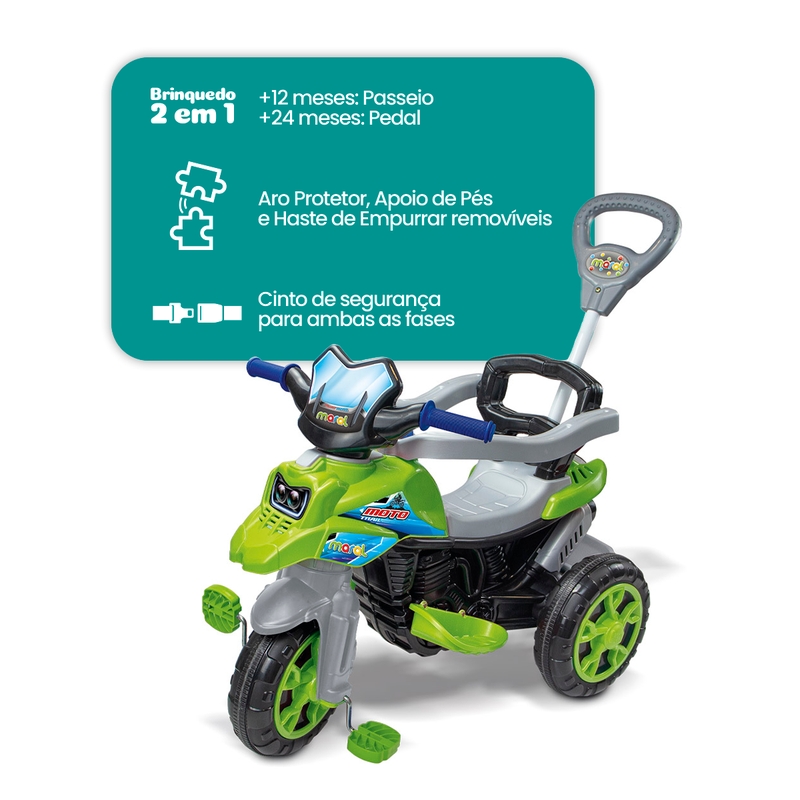 Triciclo Moto Trail Infantil 2 em 1 com Pedal e Empurrador Verde - Maral
