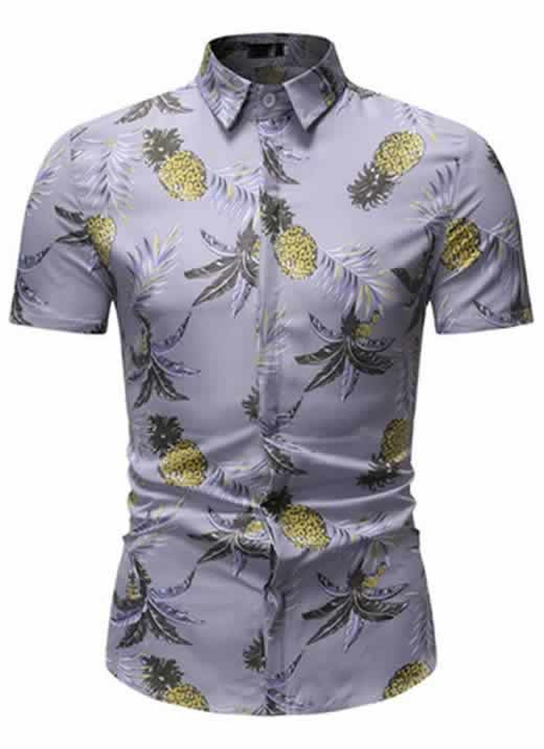 Camisa Floral Slim Fit Moda Verão Cinza C010