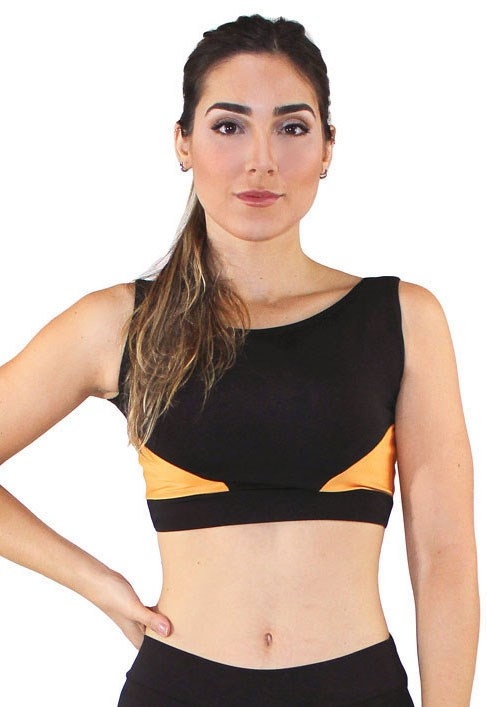 Top Cropped Fitness Triangles Preto com Amarelo