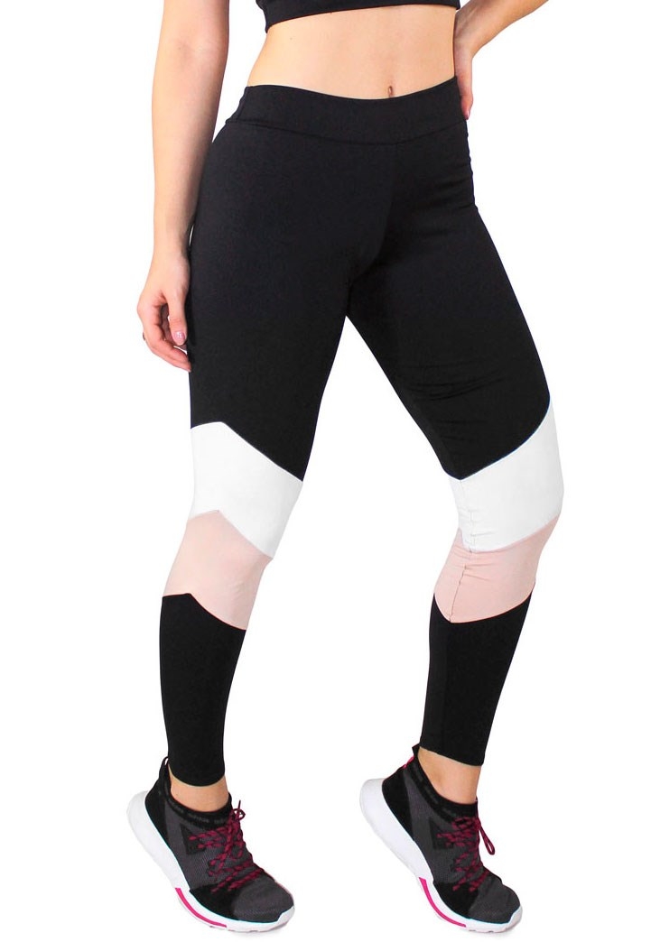 Calça Legging Fitness Preto Com Detalhes Chocolate e Branco