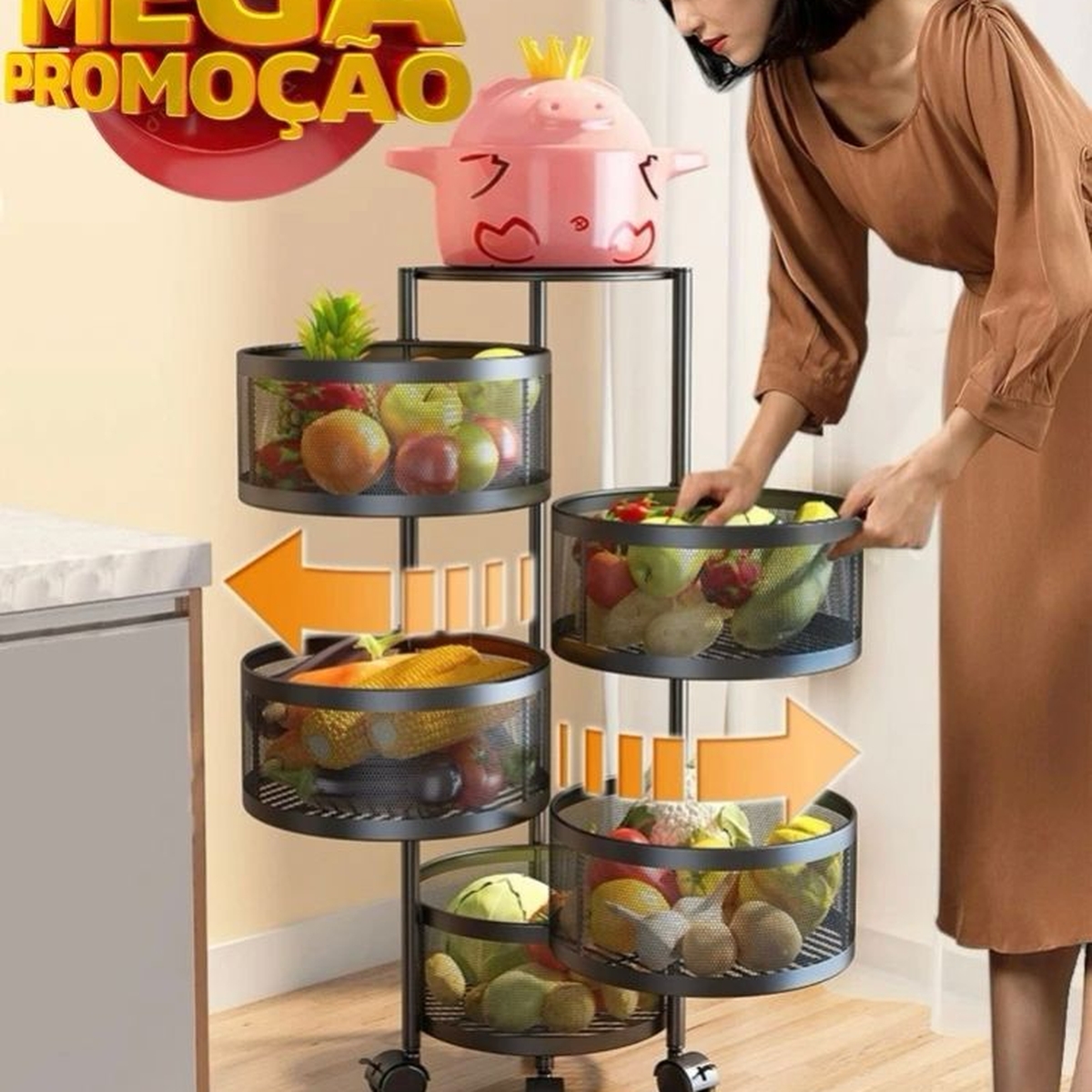 Fruteira Preta Redonda Giratória 4 Andares com Rodinhas