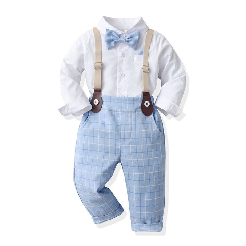 Roupa social infanto juvenil masculino Calça azul xadrez: calça social infantil masculino, camisa social infanto juvenil, suspensório infantil, gravatinha borboleta infantil.