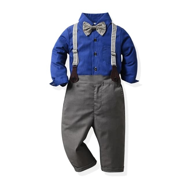 Roupa social infantil masculino Azul Marinho e Cinza: calça social infantil masculino, camisa social infanto juvenil, suspensório infantil, gravatinha borboleta infantil.