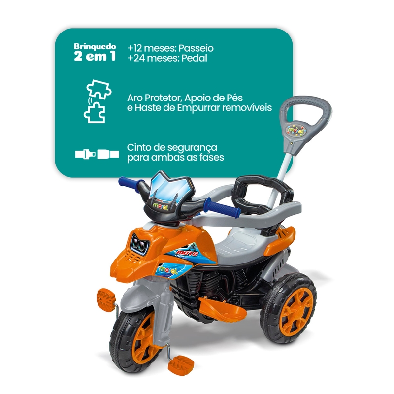 Triciclo Moto Trail Infantil 2 em 1 com Pedal e Empurrador Laranja - Maral
