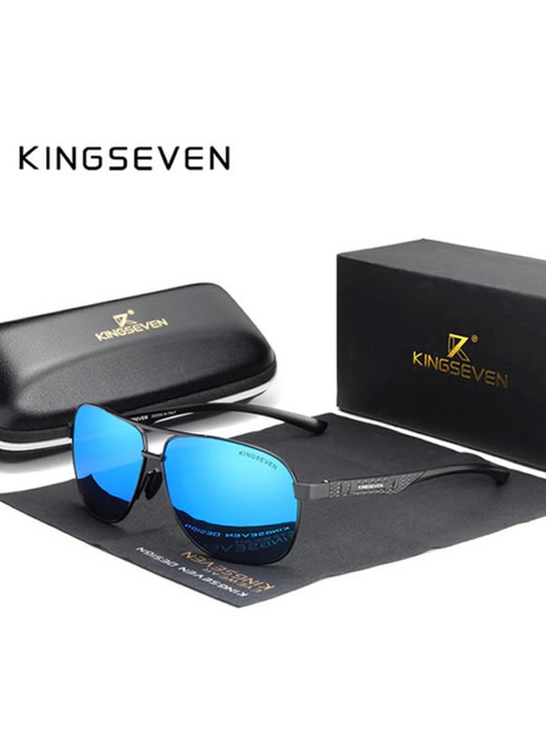 Óculos KingSeven Polarizado HD Preto e Azul Original Aviador Mirror