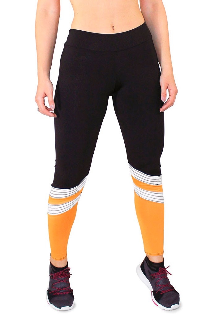 Calça Legging Fitness Preto Com listras Branco e detalhe amarelo