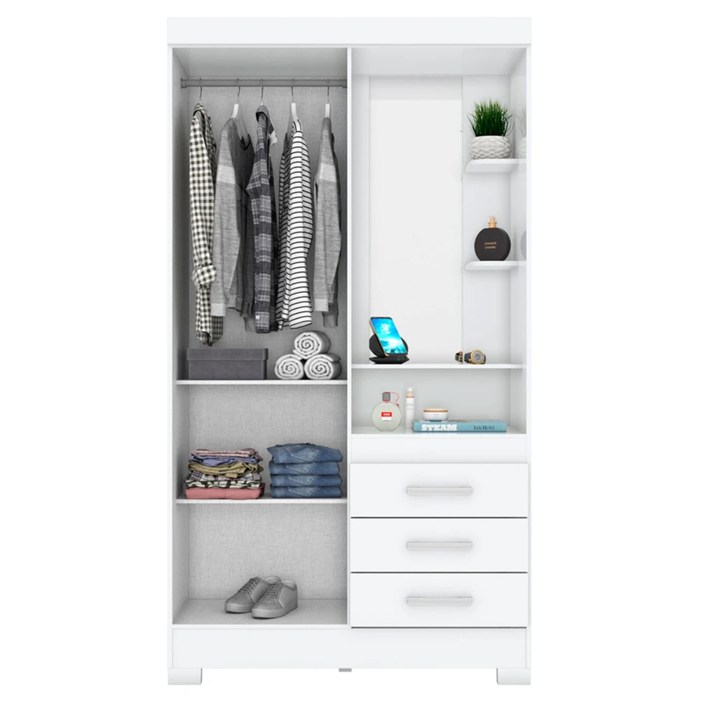 Guarda Roupa Solteiro Pequin 2 Portas 3 Gavetas com Espelho Flex Branco / Rosa Chá - Briz