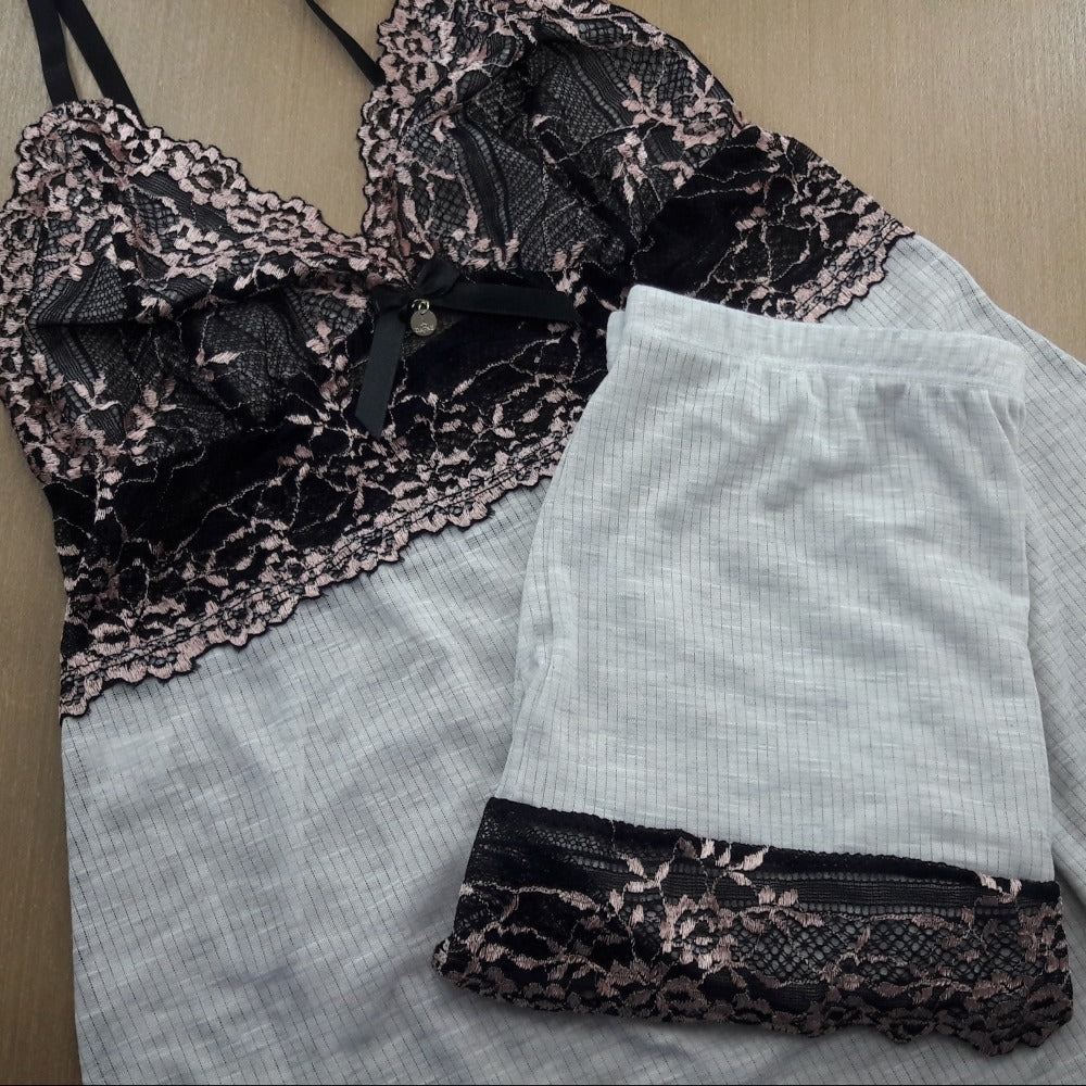 Baby Doll Canelado Renda Bicolor - C9141