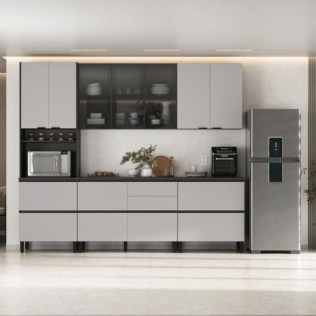 Cozinha Completa Lumina em MDF e MDP 270cm Grafite e Fendi com