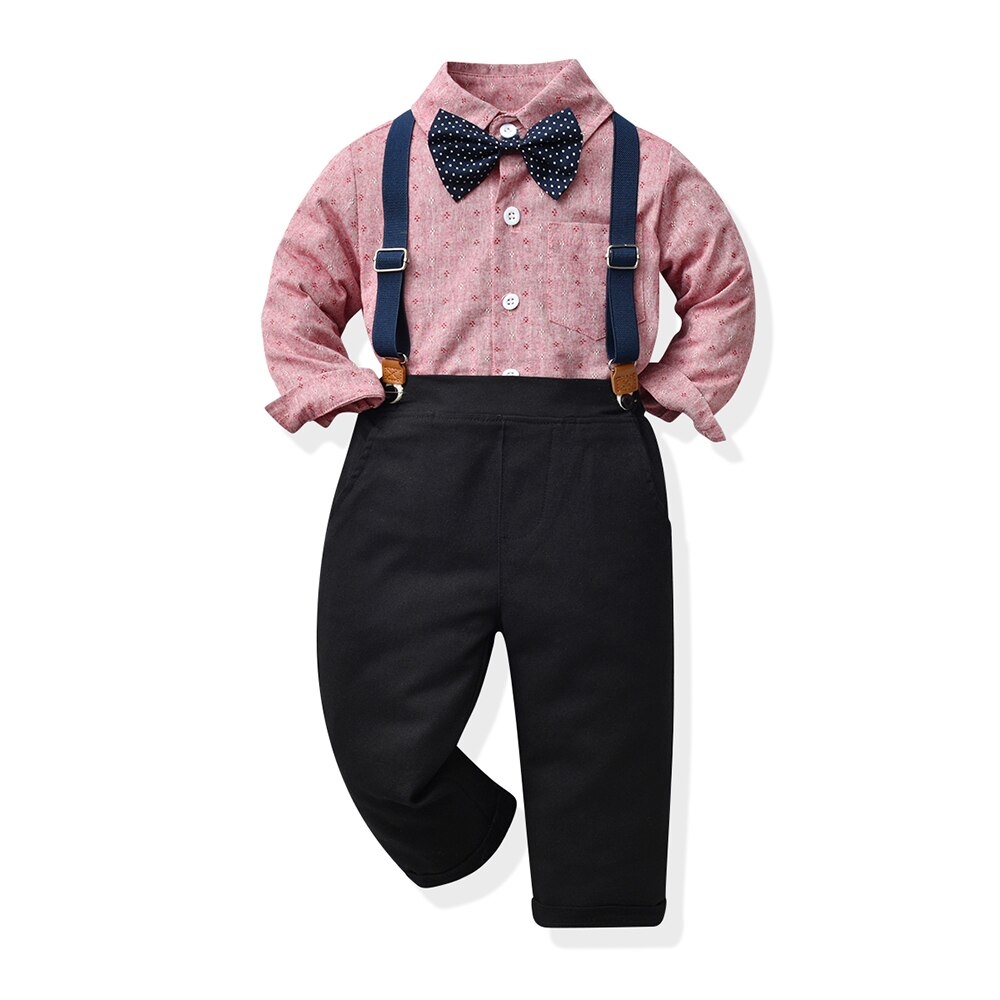 Roupa social infantil masculino Rosa: calça social infantil masculino preta, camisa social infanto juvenil, suspensório infantil, gravatinha borboleta infantil.