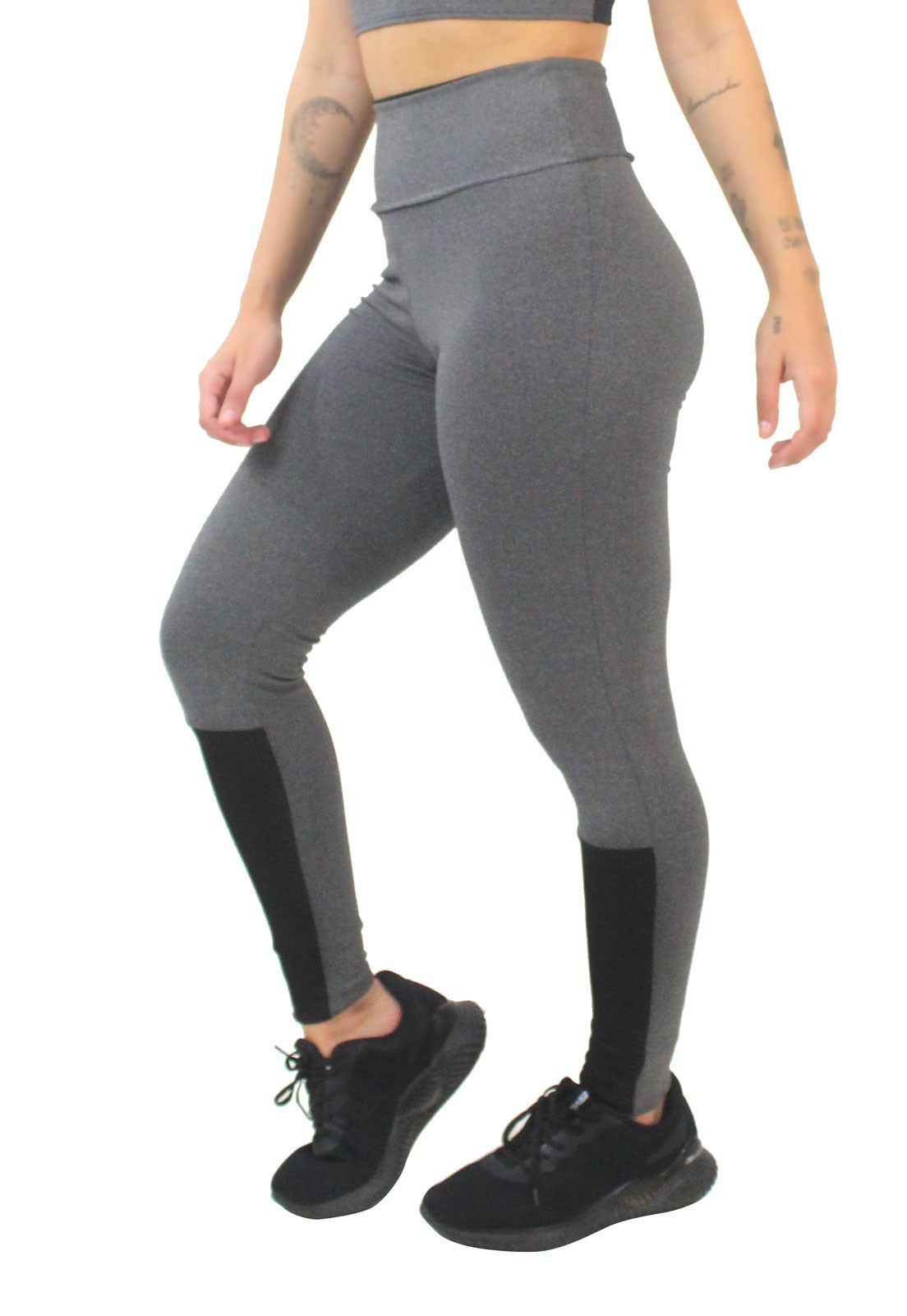 Calça Legging Fitness Mescla com Detalhe Preto