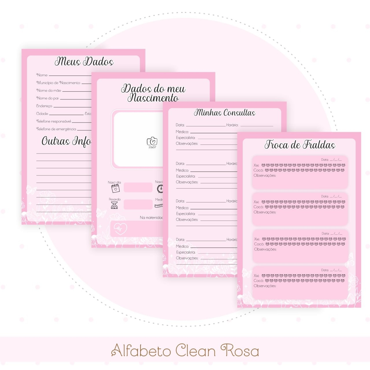 Caderneta e Livro do bebe Alfabeto Clean Borboleta Rosa
