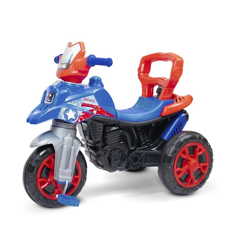 Triciclo Moto Trail Infantil Capitão América 2 em 1 com Pedal e Empurrador Azul / Vermelho - Maral