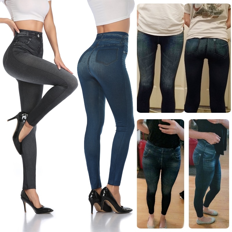 Legging push up cintura alta imita jeans sem costura para outono e