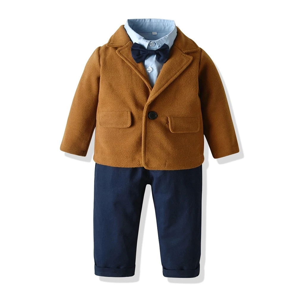 Roupa social infantil masculino Coleção Outono Inverno 2024. Calça social infantil masculino azul marinho, camisa social infanto juvenil azul, Blazer Camel