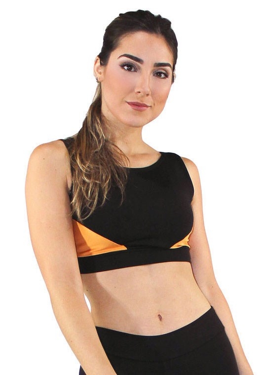 Top Cropped Fitness Triangles Preto com Amarelo