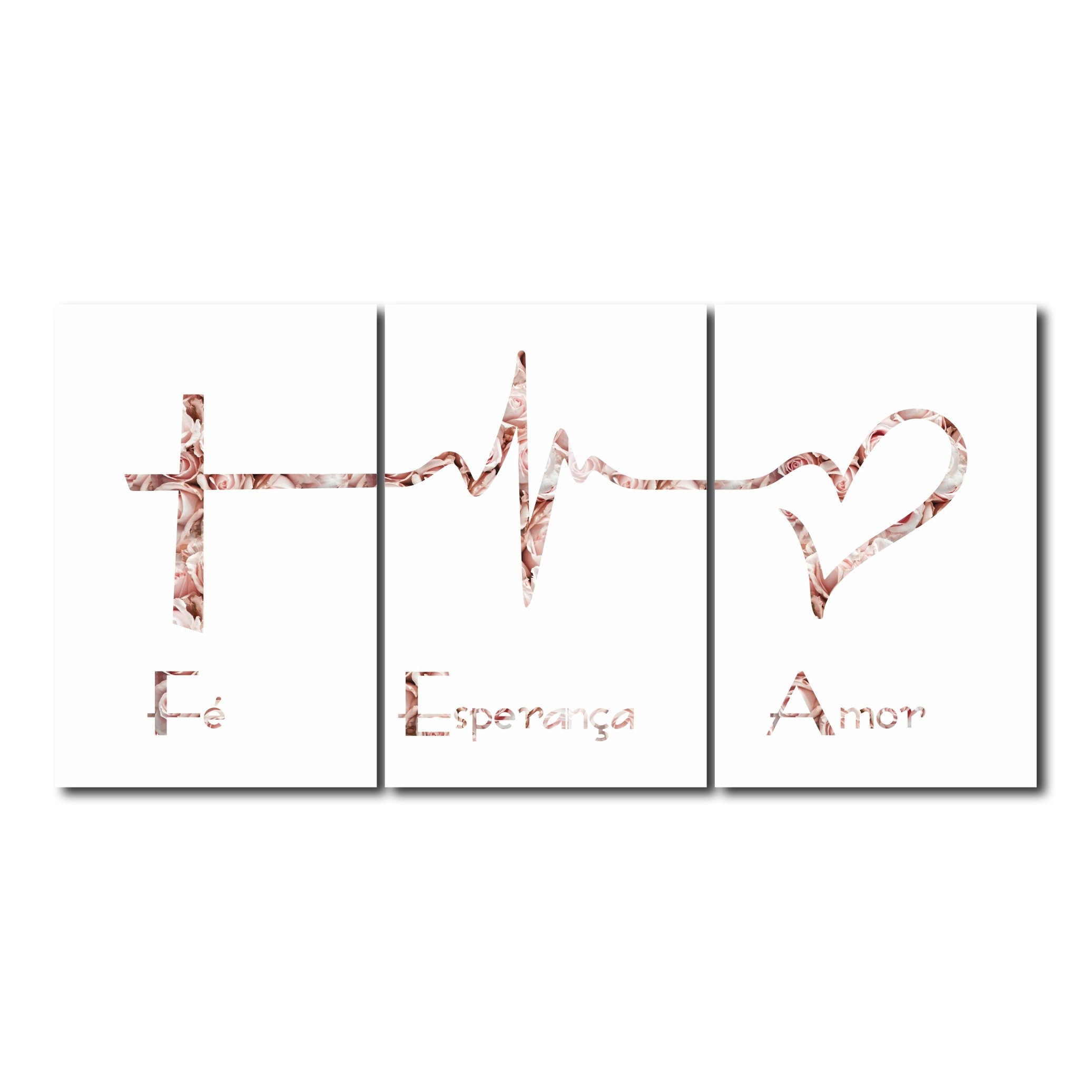 Quadro Decorativo Fé Esperança Amor Rosa 122x60