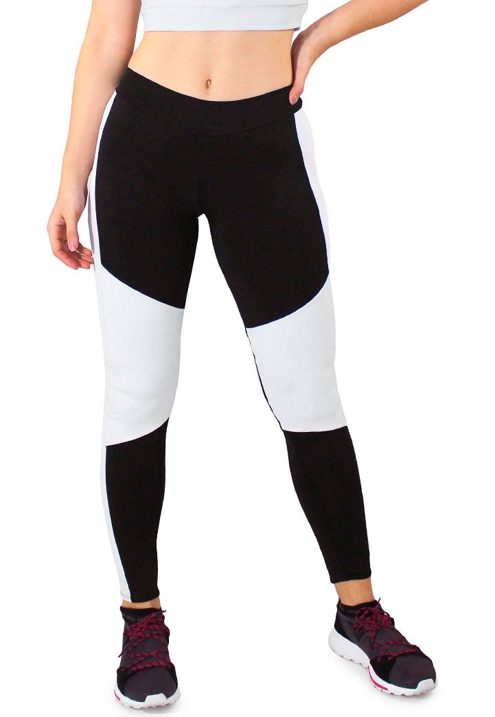 Calça Legging Fitness Preto Detalhes e Faixas Branco