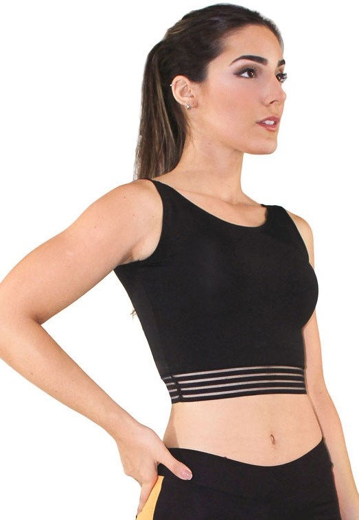 Top Cropped Fitness Preto Detalhe Elástico Preto