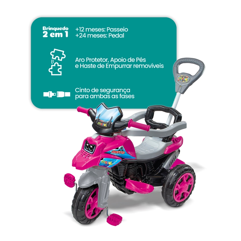 Triciclo Moto Trail Infantil 2 em 1 com Pedal e Empurrador Rosa - Maral