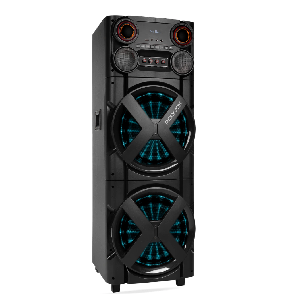 Caixa de Som Torre Polyvox XT-2025T – 2500W RMS, Woofer Duplo de 12”, DSP Integrado e Show de Luzes