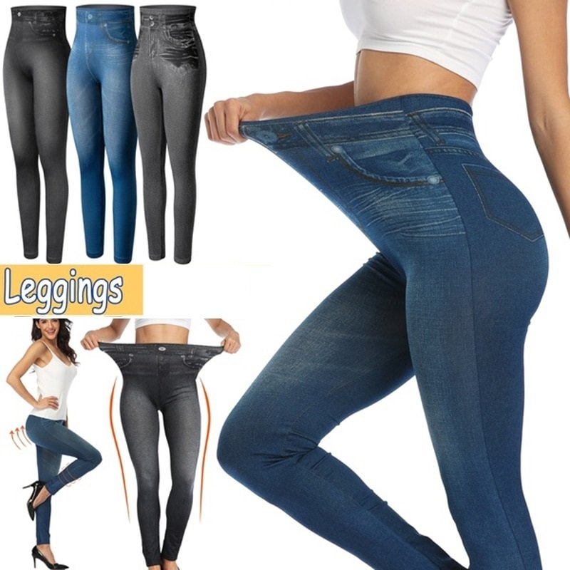 Legging push up cintura alta imita jeans sem costura para outono e