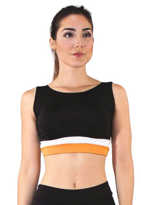 Top Cropped Fitness Preto Faixa Amarelo e Branco