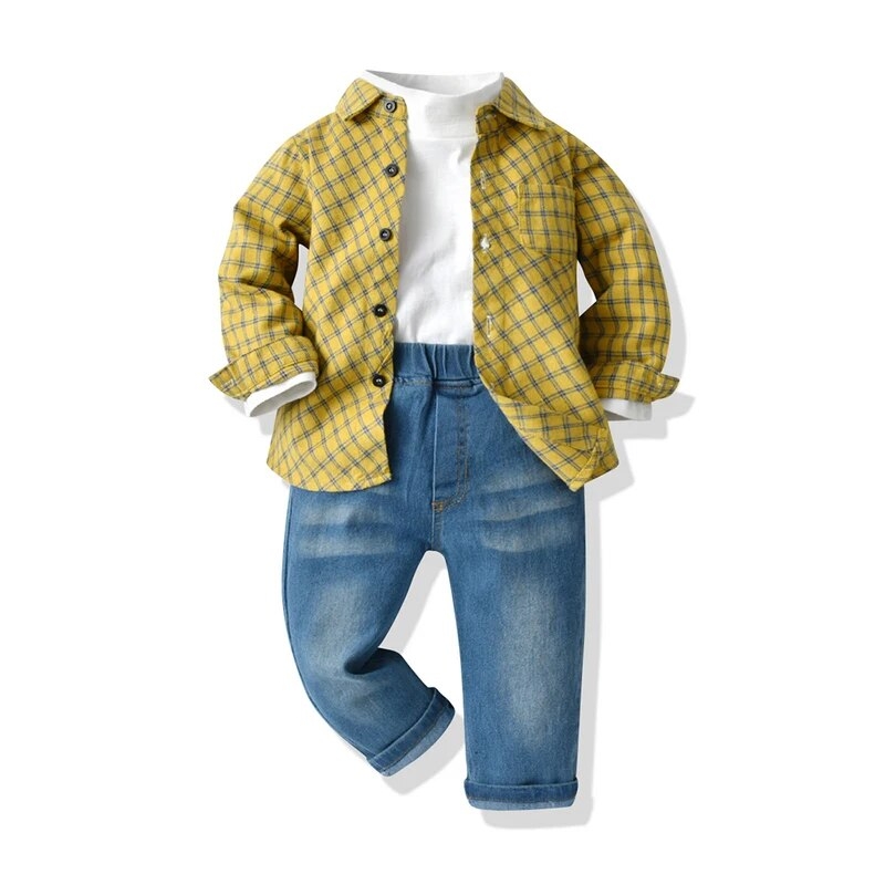 Roupainfantil masculino Coleção Outono Inverno 2024. Calça jeans, camisa social infanto juvenil azul xadrez, camiseta branca manga longa
