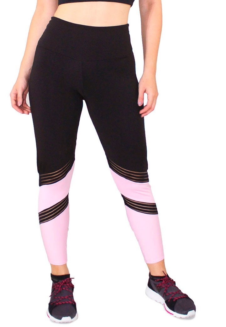Calça Legging Fitness Preta Detalhe Preto Com Rosê