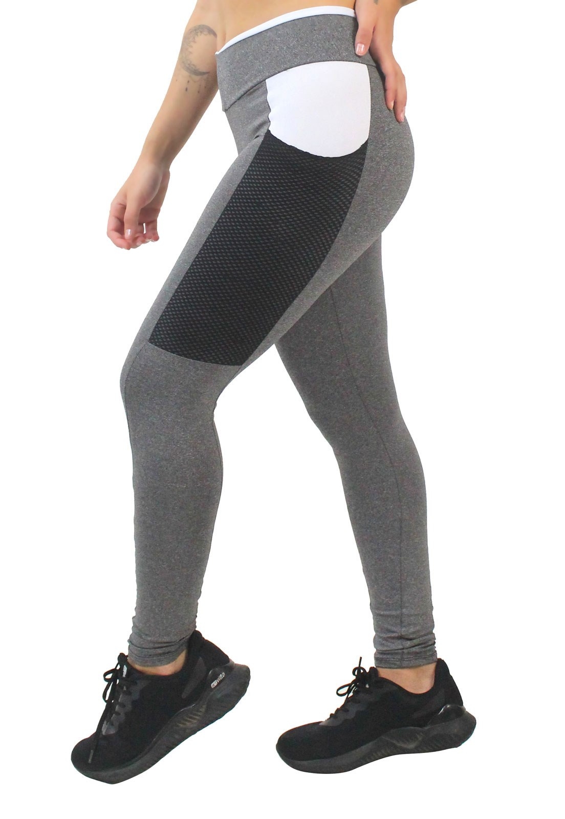 Calça Legging Fitness Mescla Detalhe Branco com Bolso