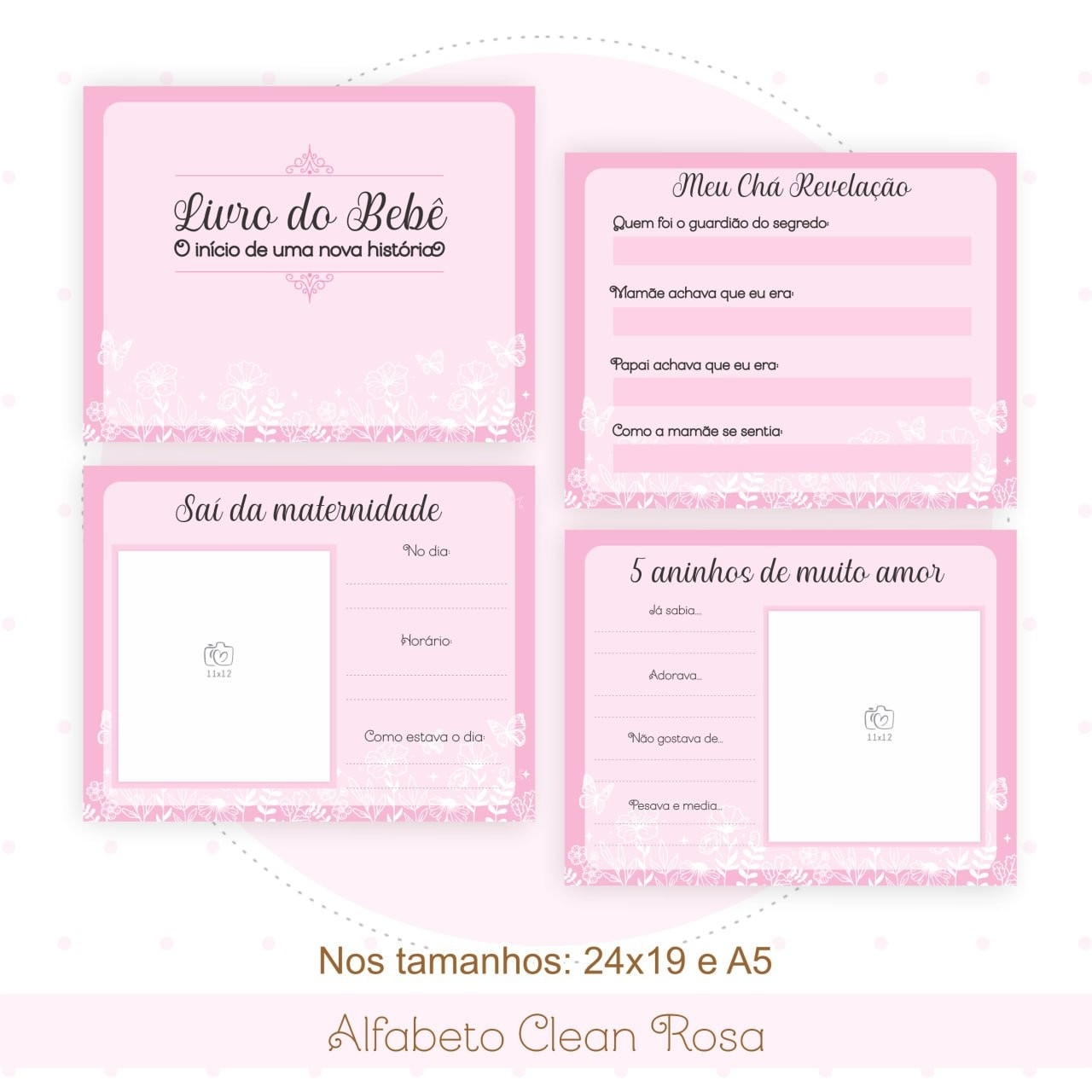 Caderneta e Livro do bebe Alfabeto Clean Borboleta Rosa