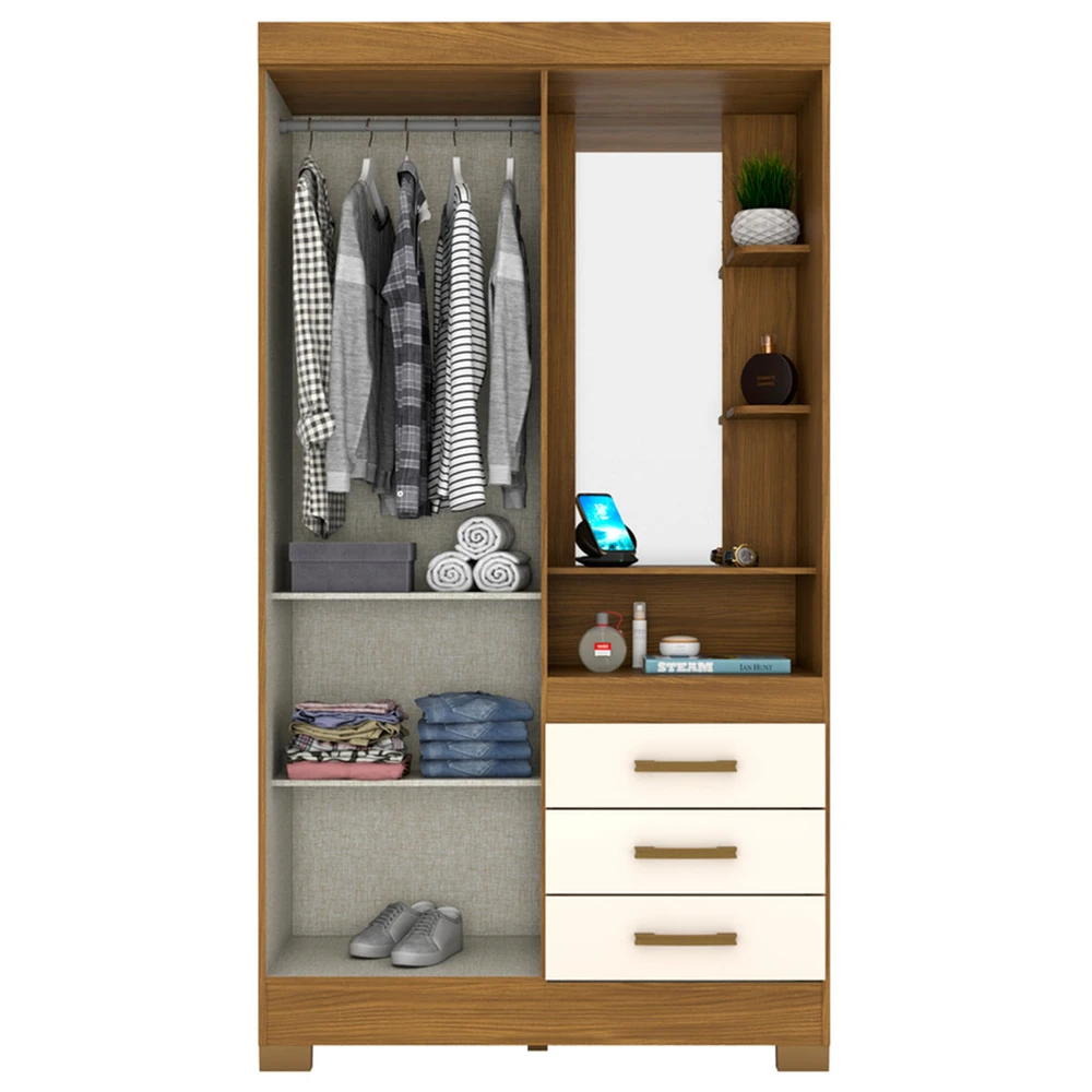 Guarda Roupa Solteiro Pequin 2 Portas 3 Gavetas com Espelho Nature / Off White - Briz