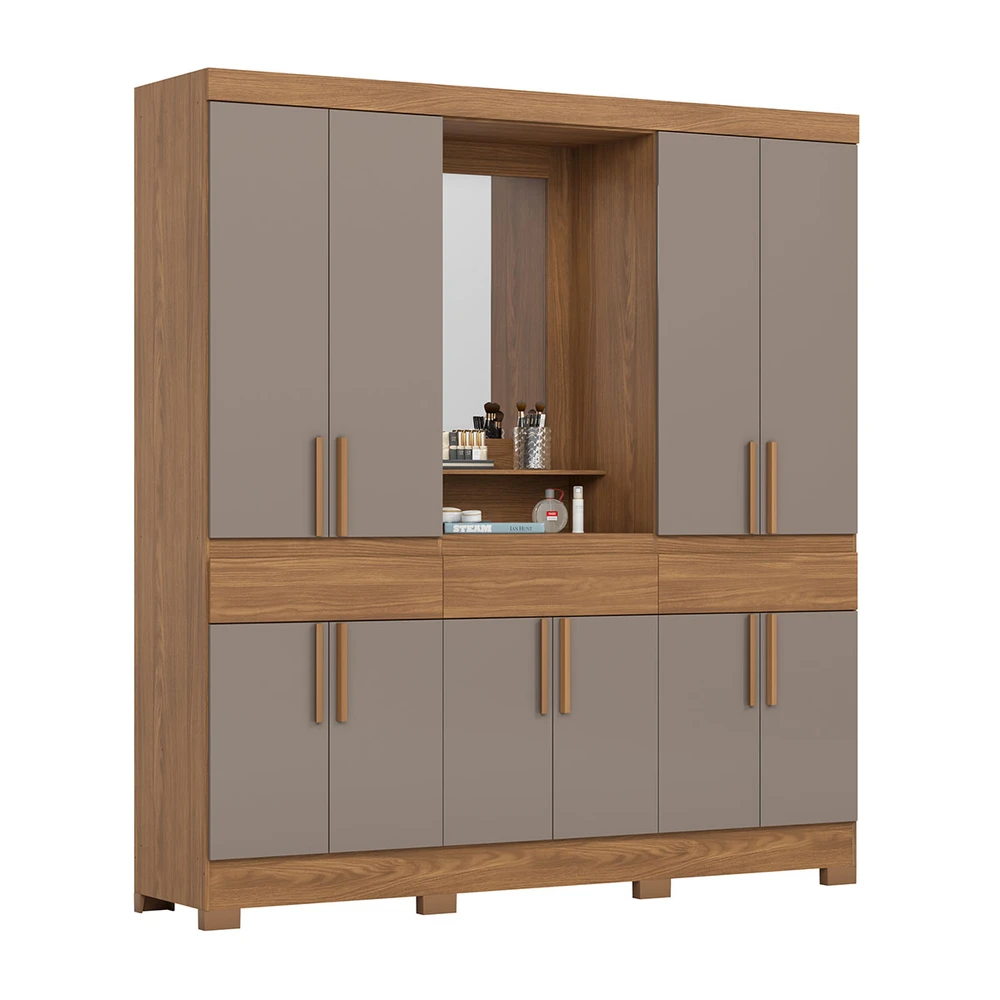 Guarda Roupa Casal 10 Portas 3 Gavetas com Espelho Nature/Avelã - Briz