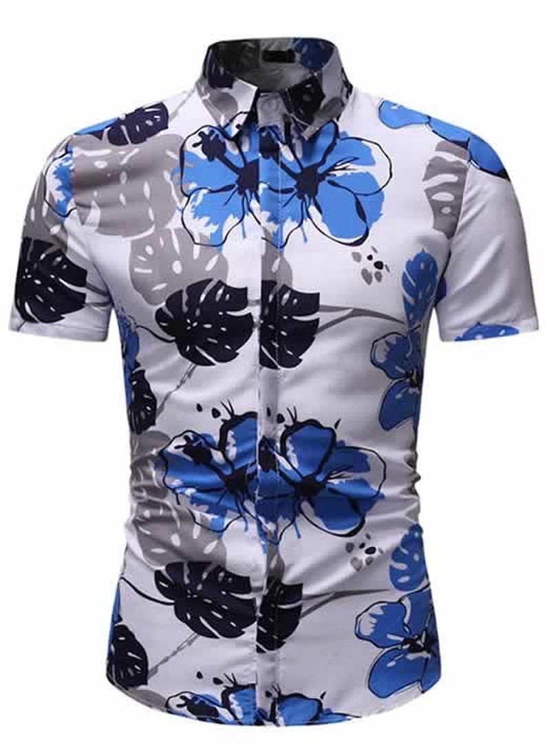 Camisa Floral Slim Fit Moda Verão Azul C010