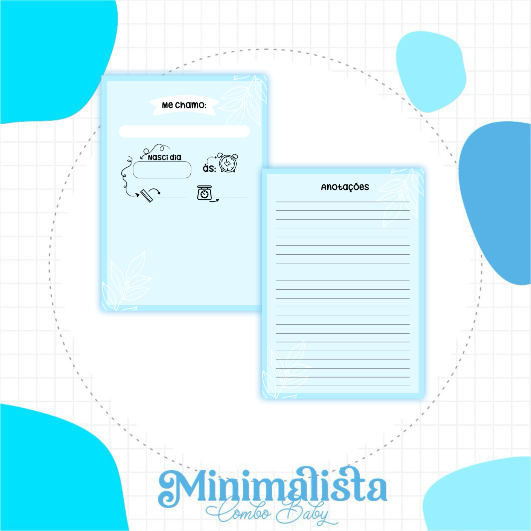 Caderneta e Livro do bebe Minimalista Azul Bebe - Arquivo Digital