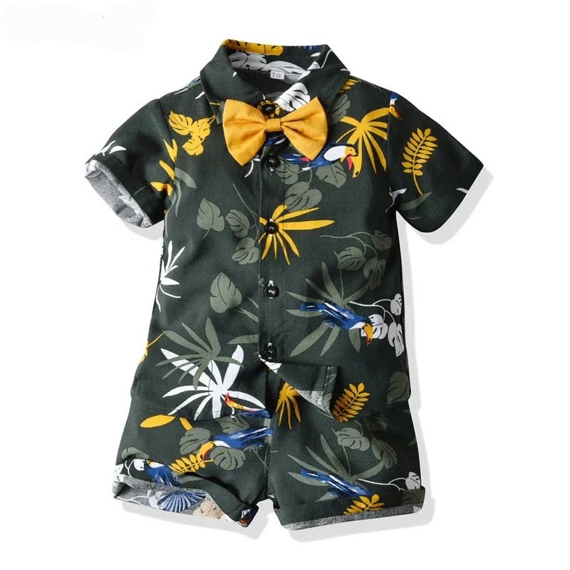 Roupa verão elegante social infantil. Estampa de Tucano. Bermuda, Camisa social, gravatinha borboleta infantil. Estampas de verão.