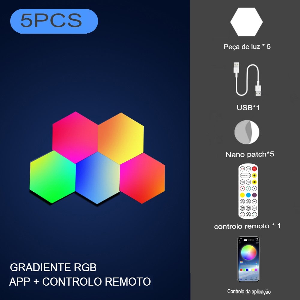 Smart Hexagon LED Wall Lights, App e Controle Remoto, Painéis De